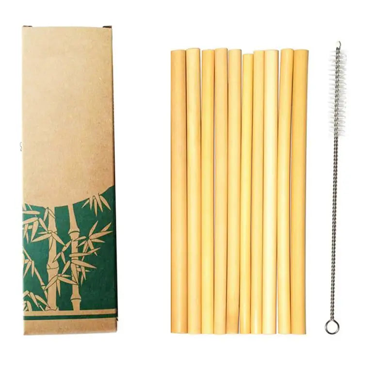 Eco-Friendly Natural Bamboo Drinking Straws - 10 Pack with Cleaning Brush