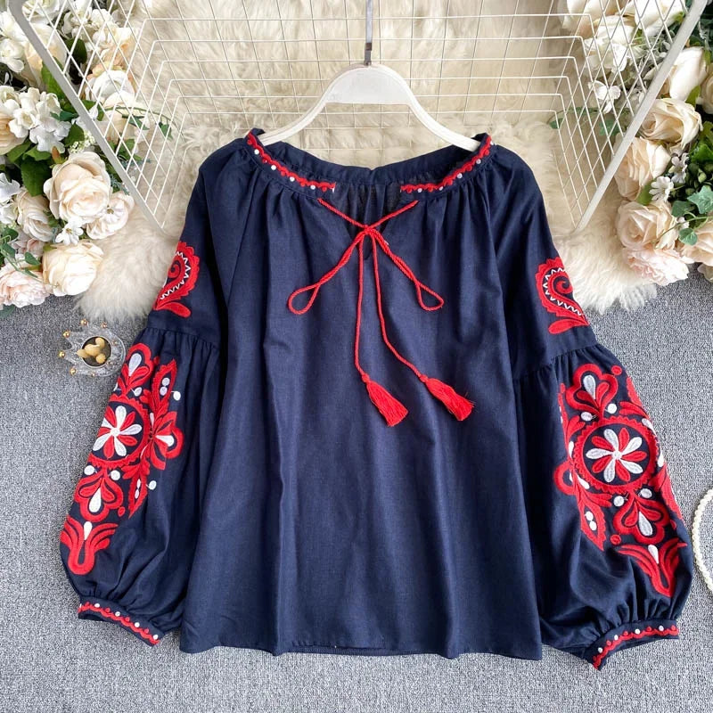 Retro Blouse Embroidered Lace-Up