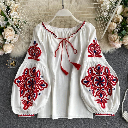 Retro Blouse Embroidered Lace-Up